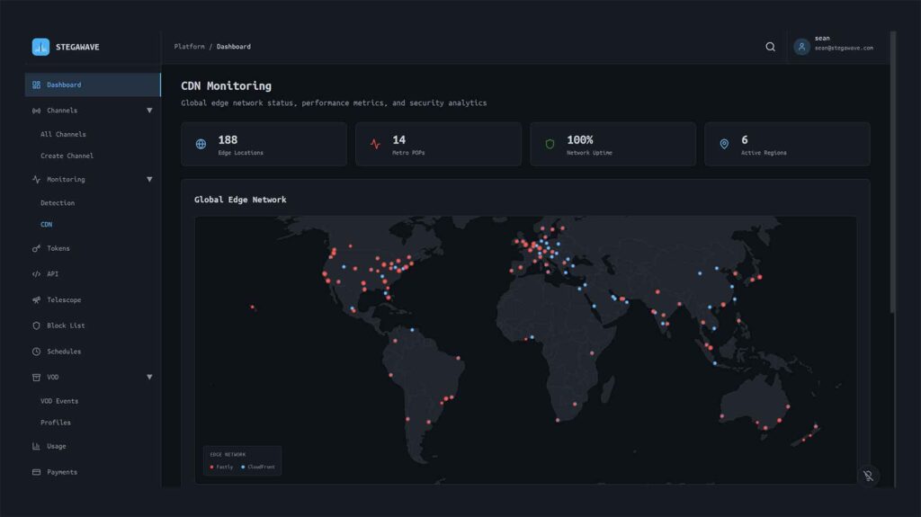 a screenshot of Stegawave CDN Monitoring displaying a world map