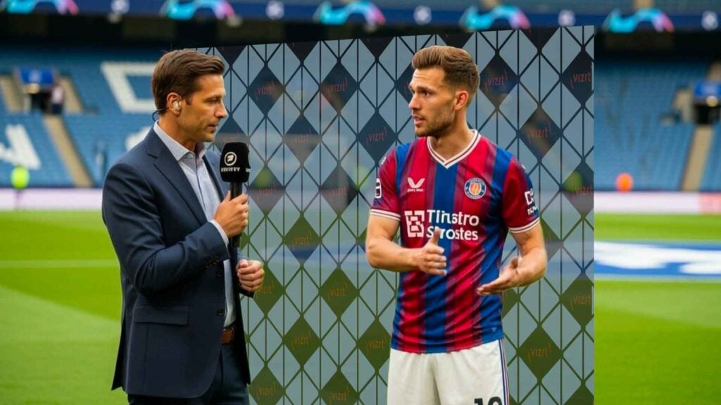 a scene of a sportscaster interviewing a soccer player with a virtual background
