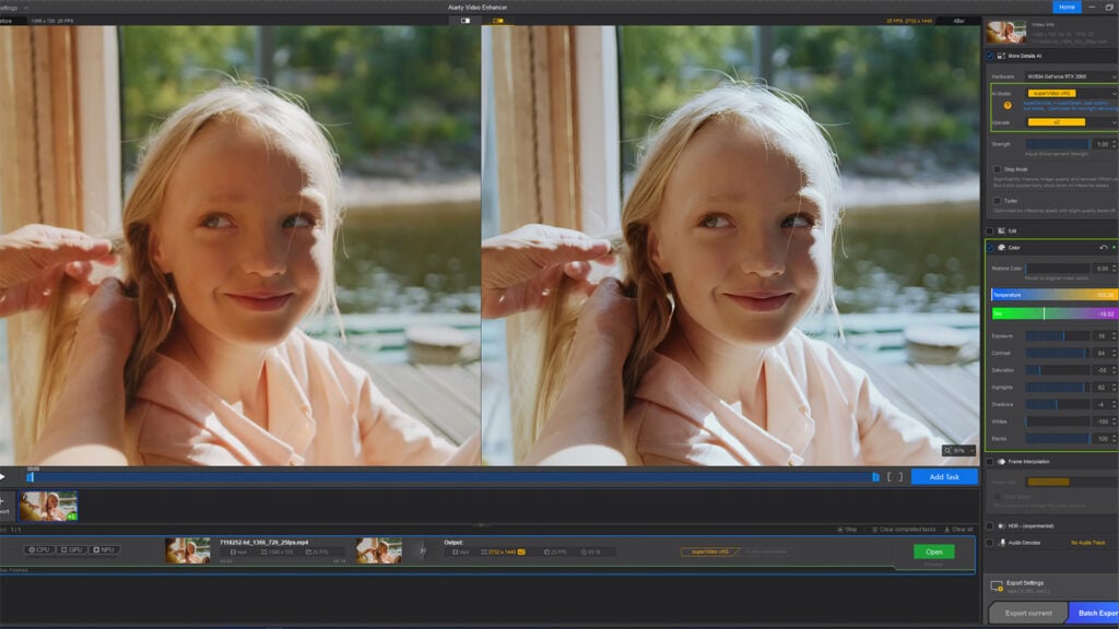 before and after images of a smiling little girl with the after picture upgraded in quality