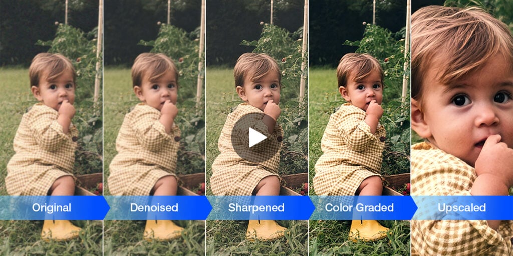 an image of a baby is compared with 5 different AI upscaling details