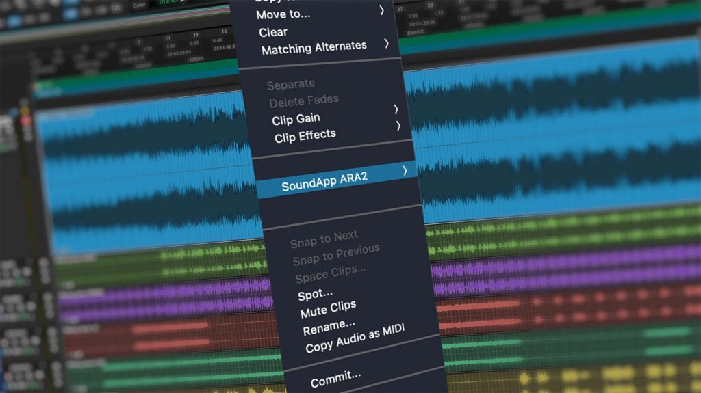 a screenshot of a NLE menu that features the plugin SoundApp ARA by Boris FX