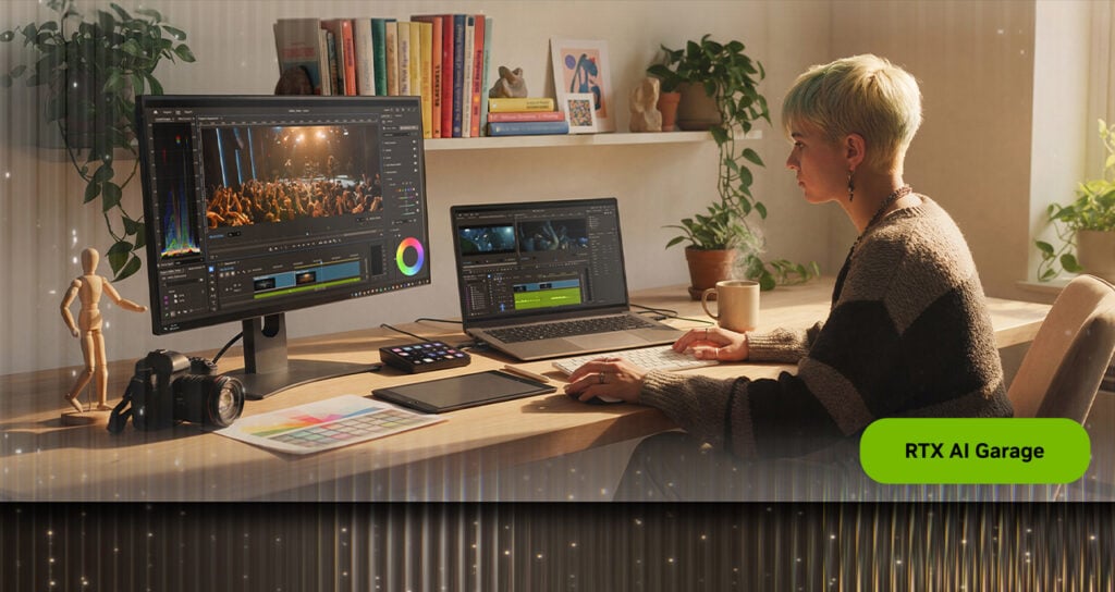 A woman uses Adobe Premiere Pro software to edit a video on her NVIDIA GPU computer