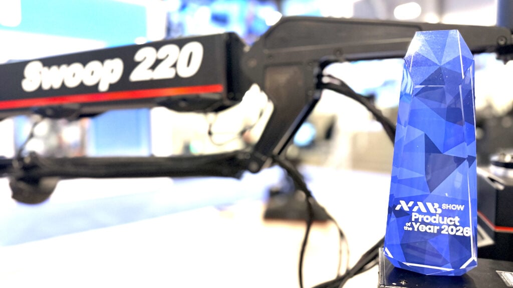 the Shook Swoop 220 camera crane next to an NAB product of the year award