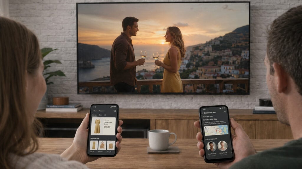 two people use the Stingr app on their phones to pull up information related to the image on their television screen