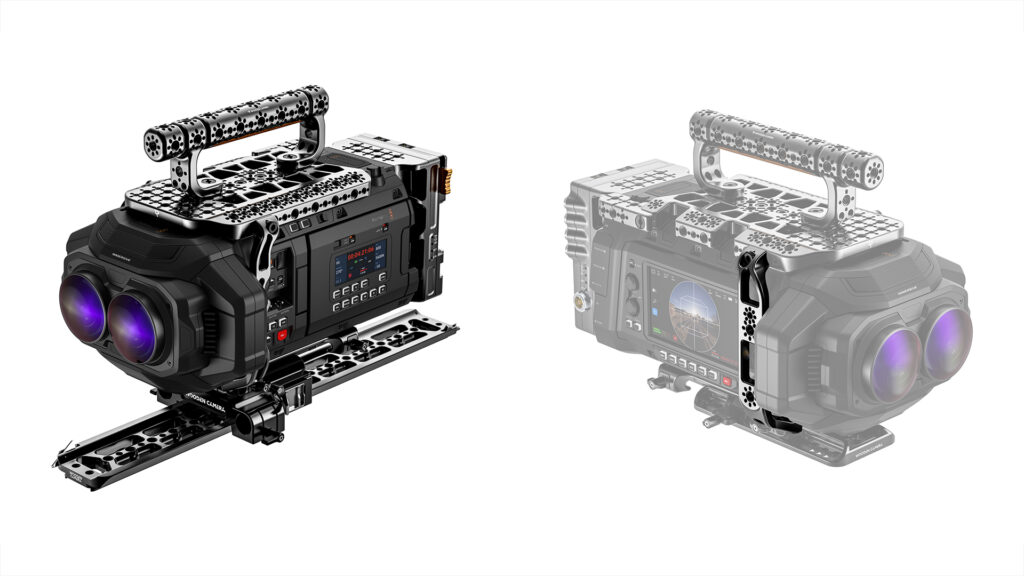 A Blackmagic URSA Cine Immersive camera with Wooden Camera top plate and side rails