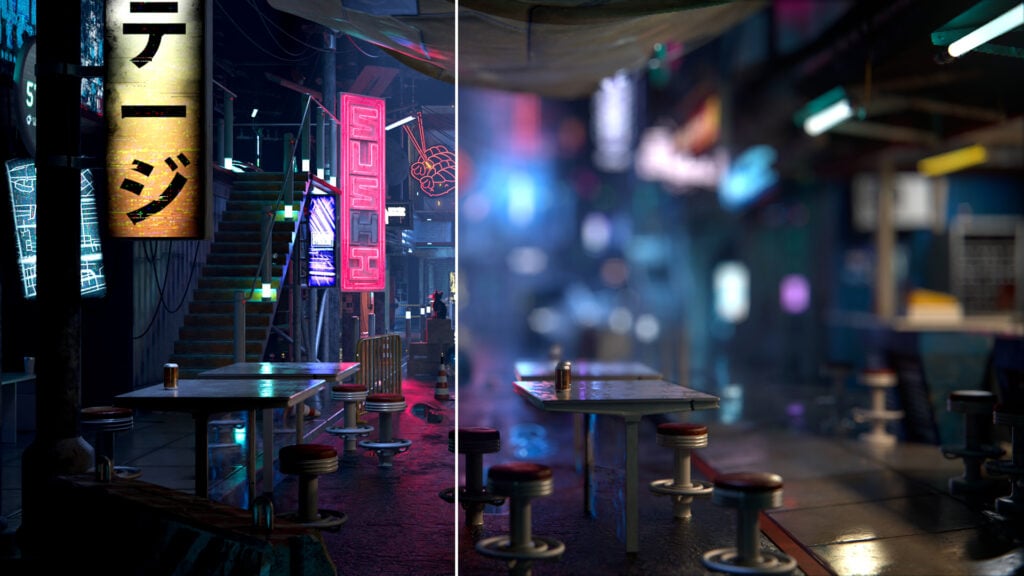 A side by side comparison of two scenes adjusted by ZEISS CinCraft LensCore plugin software