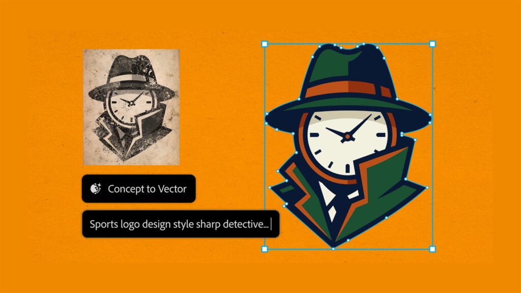 an image of a clock face wearing a hat and a trench coat made with Adobe Concept to Vector in Illustrator