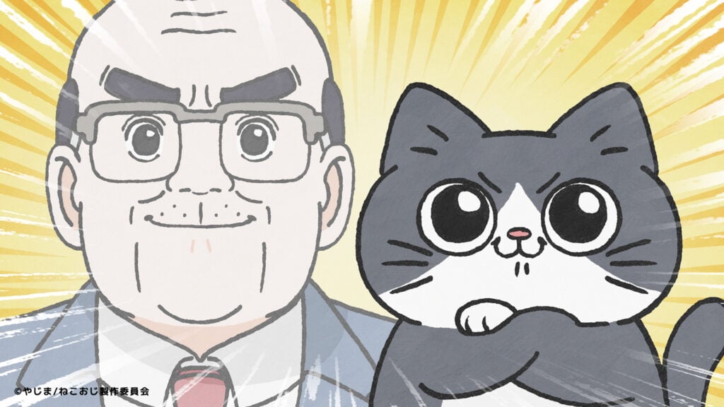 scene from the cartoon Neko Oji: The Guy That Got Reincarnated as a Cat showing a man next to a cat