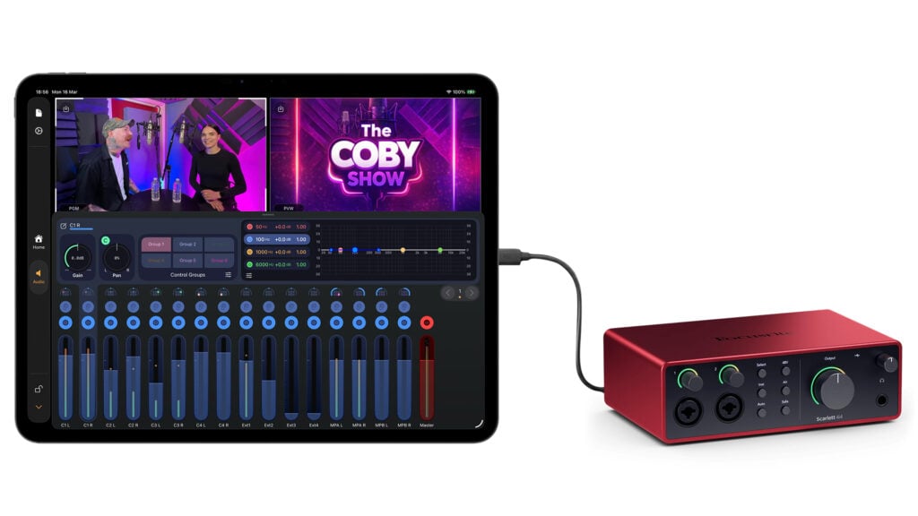 Mavis 2.3 Studio displayed on an iPad connected to an audio device by USB cord