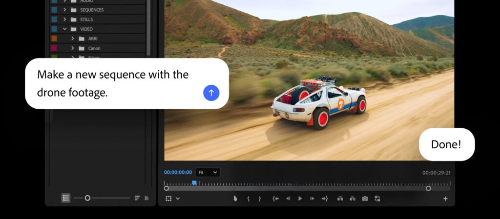screenshot of a post-production workflow in Adobe Premiere Pro showing an AI prompt that says "make a new sequence with the drone footage"