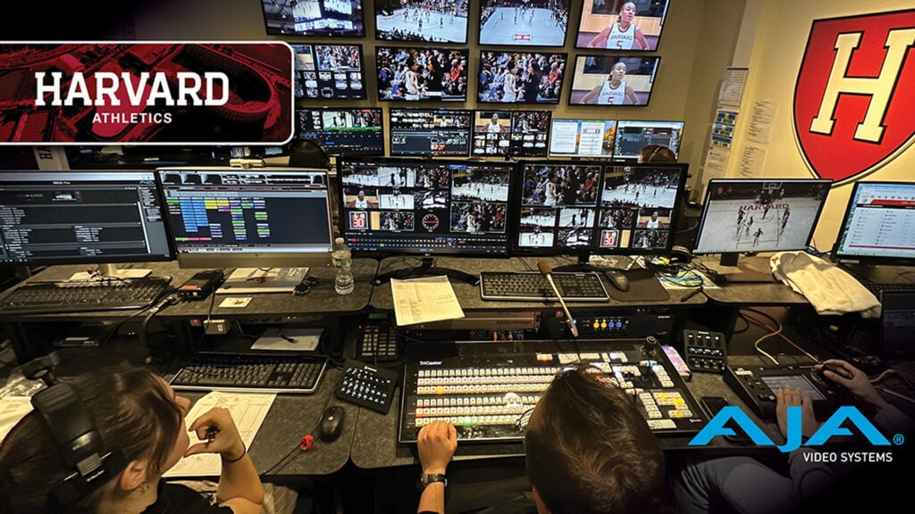 a broadcast production room at Harvard University filled with monitors and gear