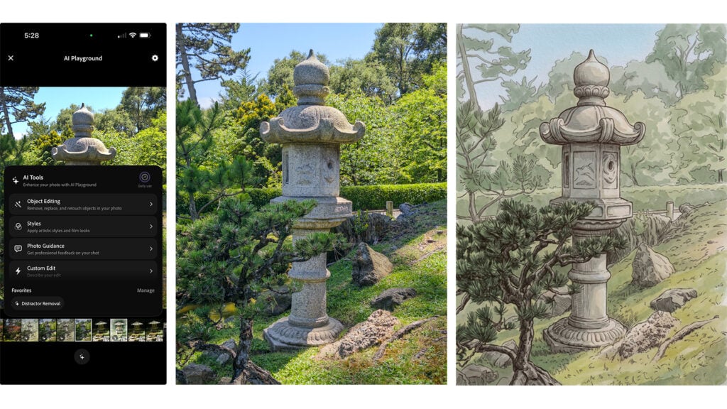 a series of 3 screenshots showing the phone app Project Indigo's AI tools, an image of a stone lantern, and an animation of the same stone lantern