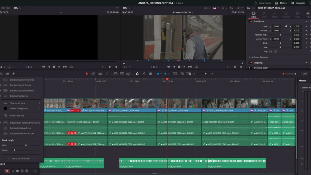 a screenshot of DaVinci Resolve post-production software during an edit of the film Andante e Ritorno