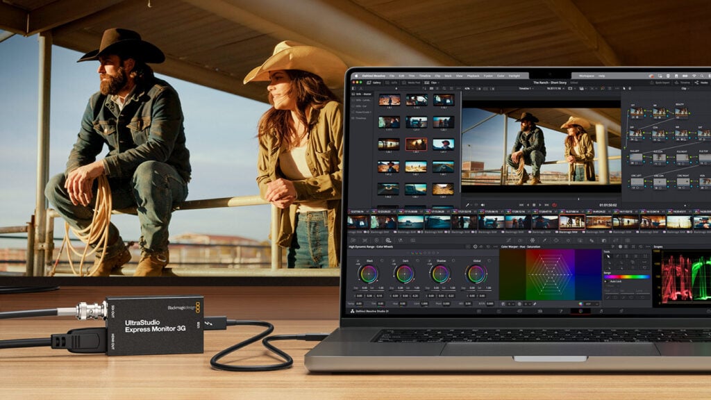 image of a cowboy and cowgirl sitting on a porch with a computer and a Blackmagic Ultrastudio Express 3G in the foreground