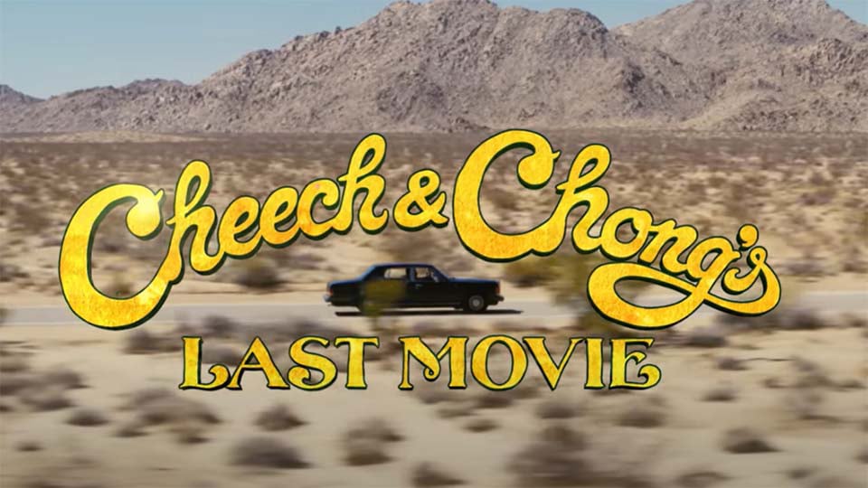 a car drives through the desert with words superimposed over the screen saying Cheech & Chong's Last Movie