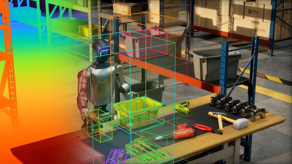 a robot stands before a bench that is covered in tools