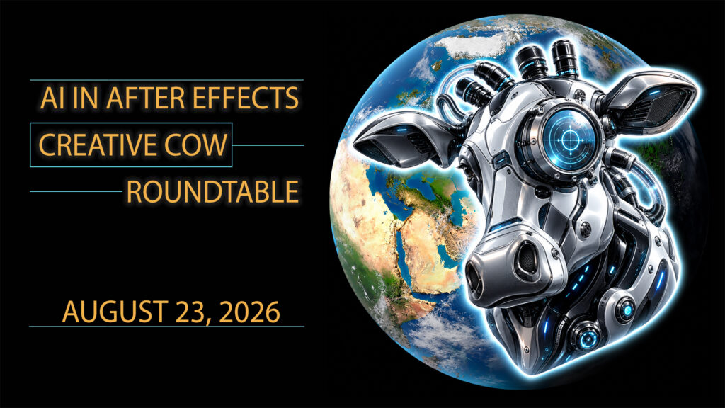 text that says AI in After Effects Creative COW Roundtable August 23, 2026
