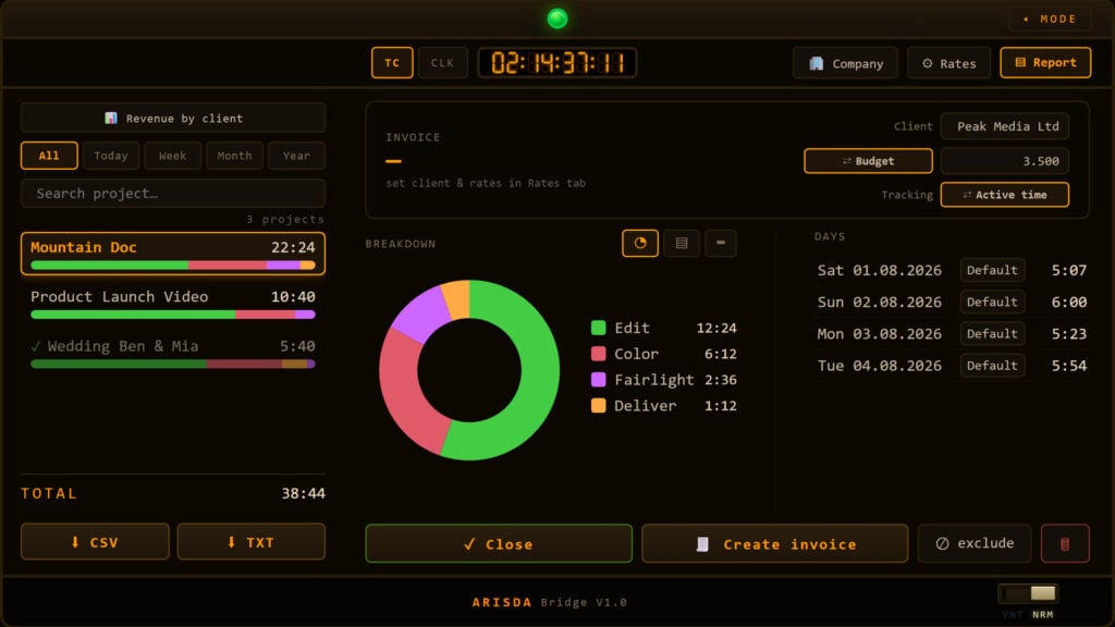 a screenshot of the ARISDA Bridge DaVinci Resolve Timecode, Studio Clock, and Work-Time Tracking App