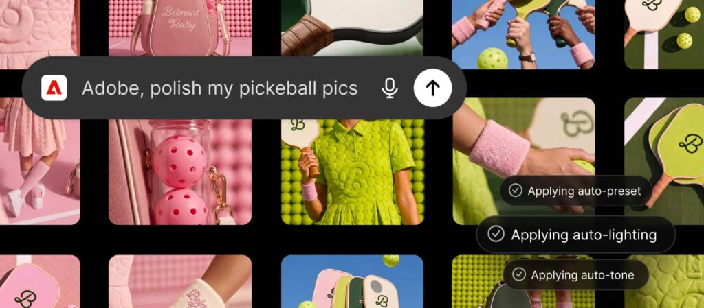various screenshots of pickleball pictures with an AI prompt that says Adobe polish my pickleball pics