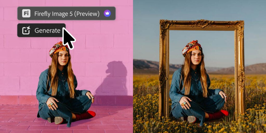 The Instruct Edit Masks function in the latest Adobe Photoshop update featuring a seated woman in a before and after comparison