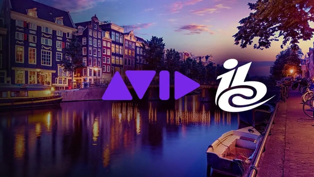 the Avid logo and IBC logo superimposed over an image of a canal in Amsterdam