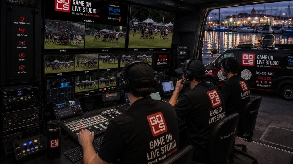 the Game On live broadcast studio filled with people, monitors, and equipment