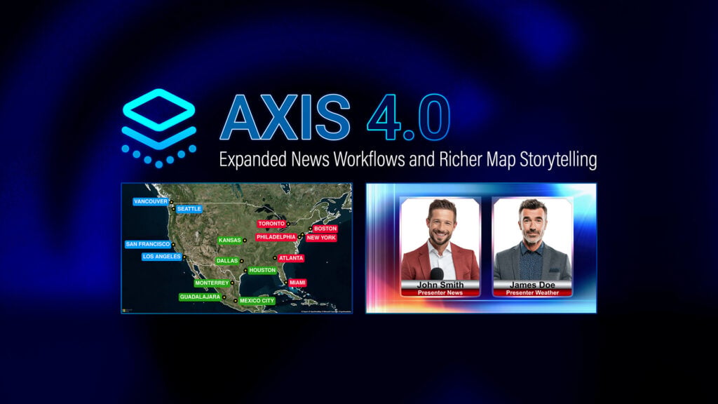 Chyron's Axis logo and two screenshots of Axis 4.0 graphics that overlay a map of the United States and two people in an interview