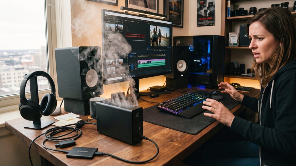 a woman sitting in front of a computer editing footage stares at her storage device which has smoke coming out of the top