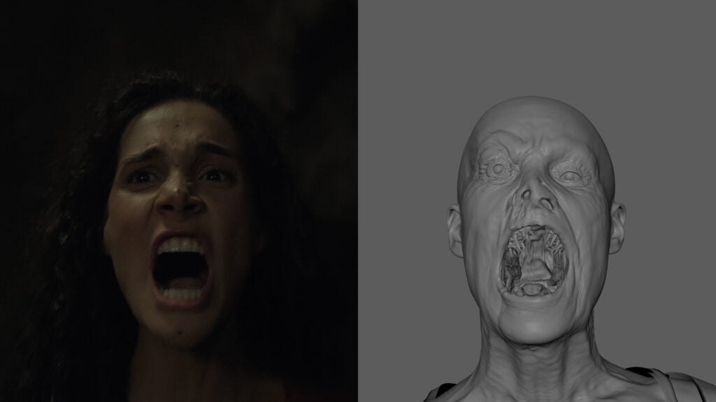 An image of a woman screaming next to a mock-up of a monster screaming in a similar but distorted fashion