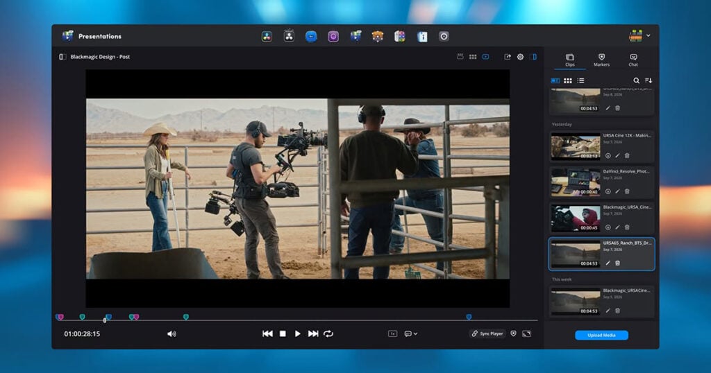 a screenshot of Blackmagic Cloud Presentations window displaying footage of a film crew in a cattle corral