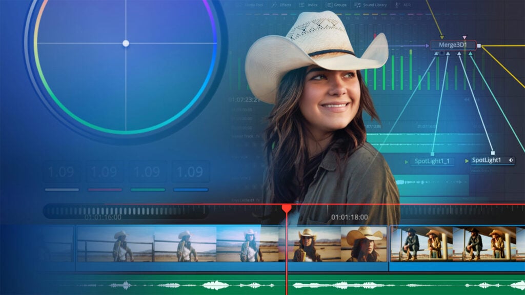image of a smiling girl wearing a cowboy hat superimposed over a screenshot of a DaVinci Resolve post production software timeline workspace