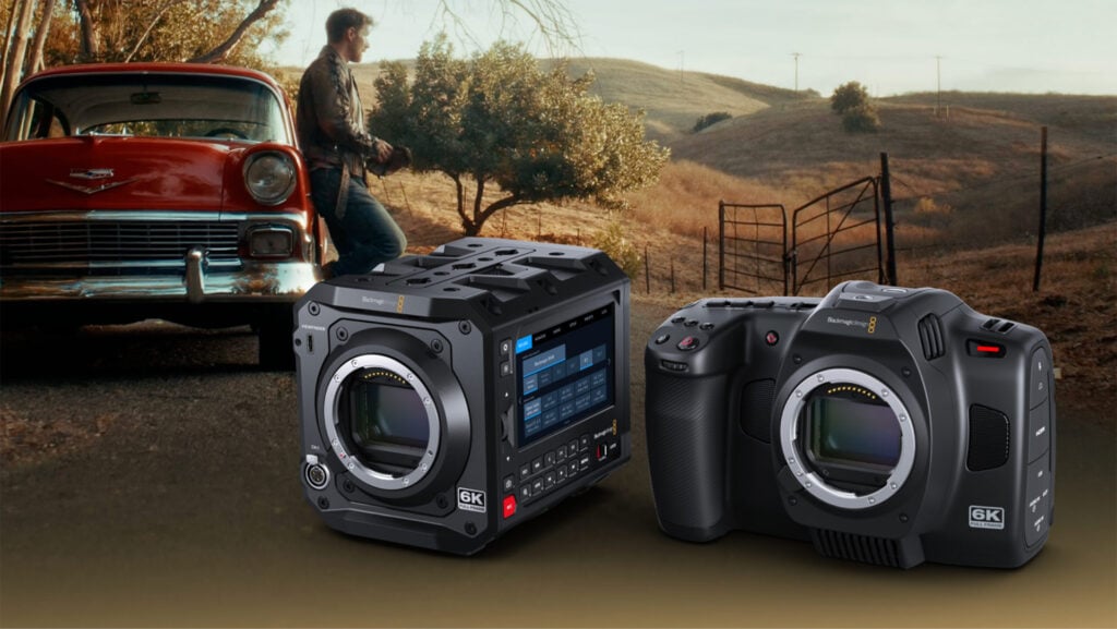 two Blackmagic PYXIS Cameras sit in the foreground and a man leans against a red 50's style car in the background