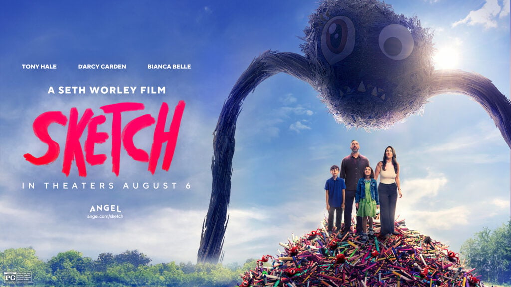 movie poster for Sketch showing a family on a hill with a two-legged creature above them