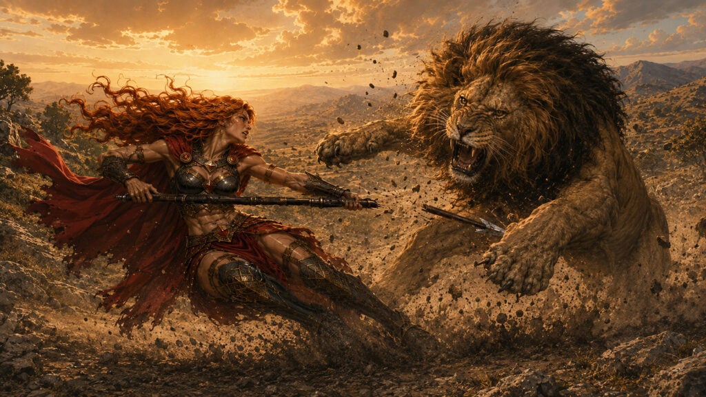 a Cyrene-and-the-lion generation created in production with the assistance of AI