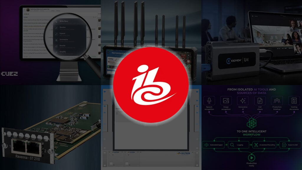 The IBC logo superimposed over a collage of digital video and audio products