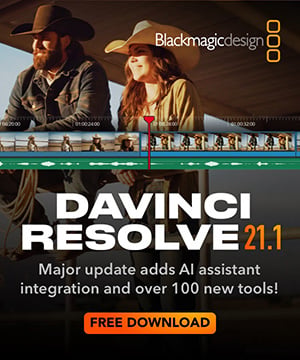text that says DaVinci Resolve 21.1 Major update adds AI assistant integration and over 100 new tools!