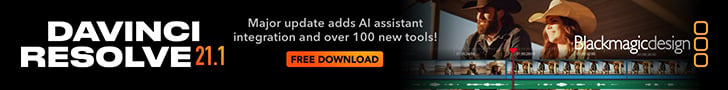 text that says DaVinci Resolve 21.1 Major update adds AI assistant integration and over 100 new tools!