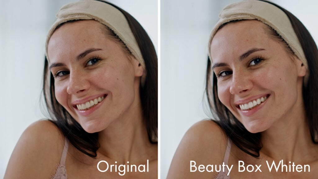 a woman smiles in before and after images that demonstrate the teeth whitening of the Digital Anarchy Beauty Box plugin