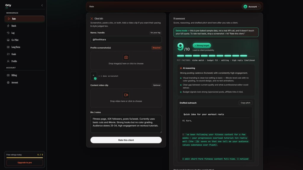 the Orty cold-outreach assistant user interface