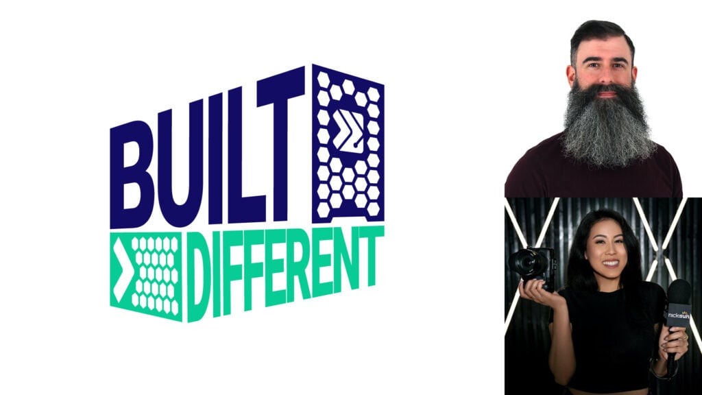 the Built Different podcast logo next to headshots of a man and a woman