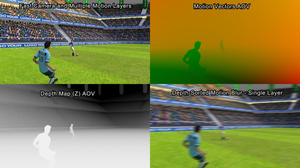 four versions of the same soccer game image that include RE:Vision Effects Fast Camera and Multiple Motion Layers, Motion Vectors AOV, Depth Map AOV, and Depth Sorted Motion Blur