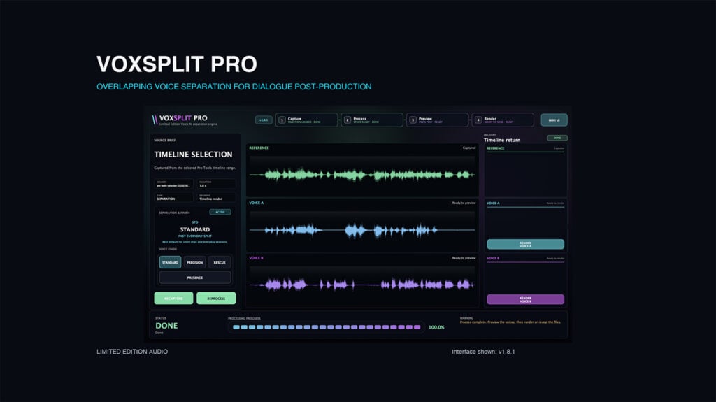 a screenshot of VoxSplit Pro audio post-production plugin software